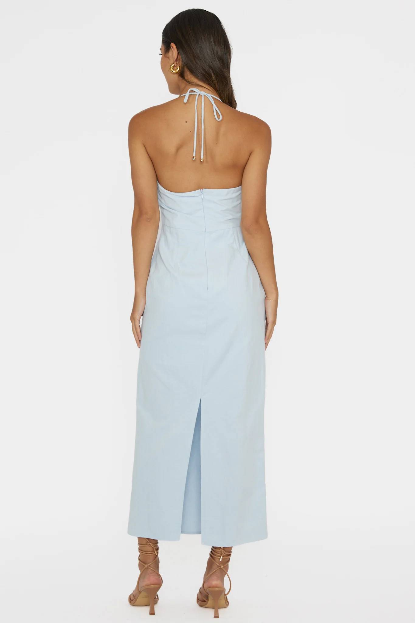Arielle Gathered Bust Halterneck Midi Dress Pale Blue - Seraphlike