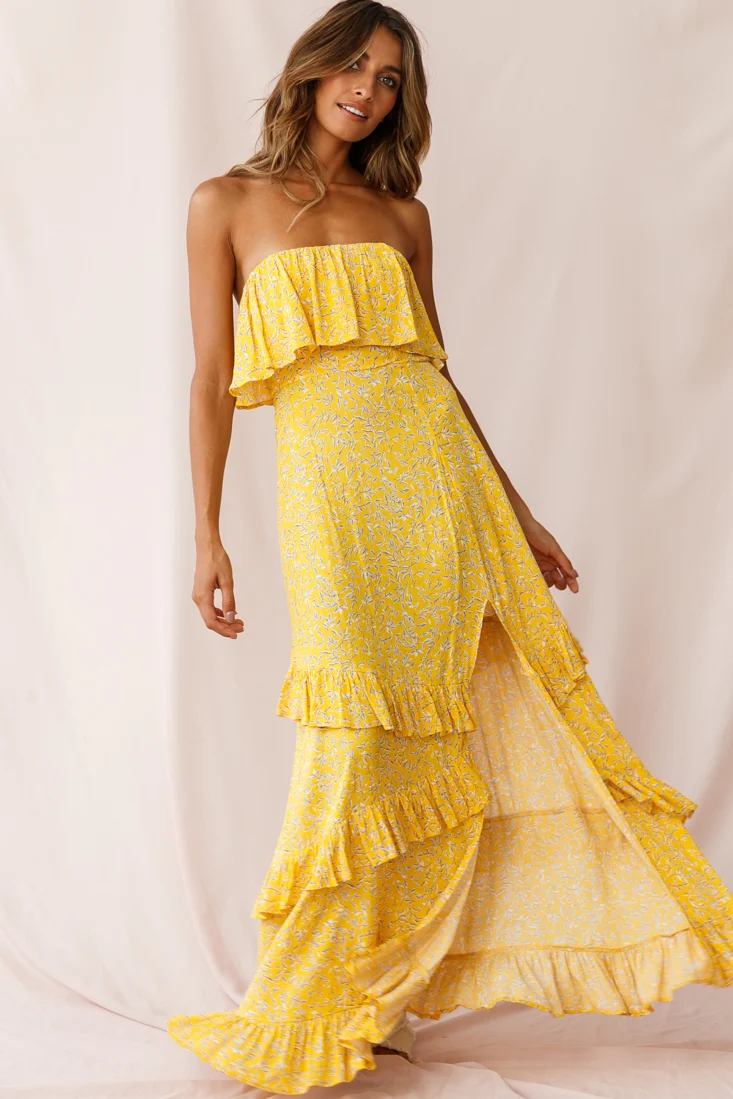 Kiya Layered Bandeau Maxi Dress Leaf Print Mustard - Seraphlike