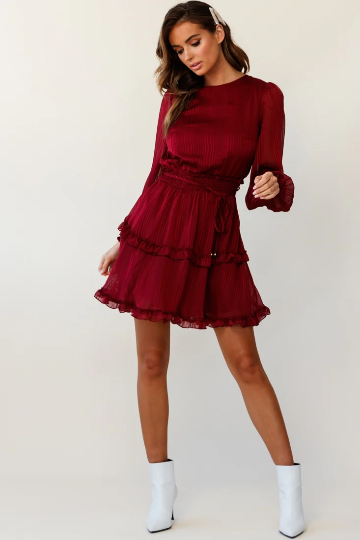 Mildred Long Sleeve Shirred Waist Frill Dress Wine - Seraphlike