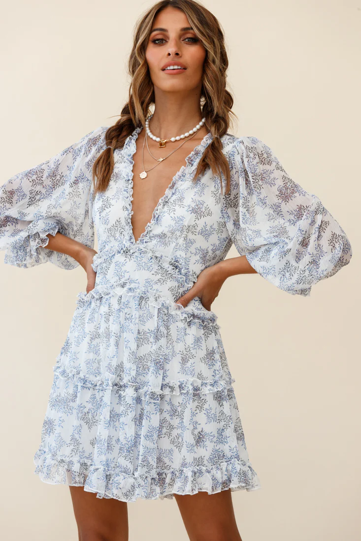 Laney Cutout Back Ruffle Trim Dress Leaves Print White - Seraphlike