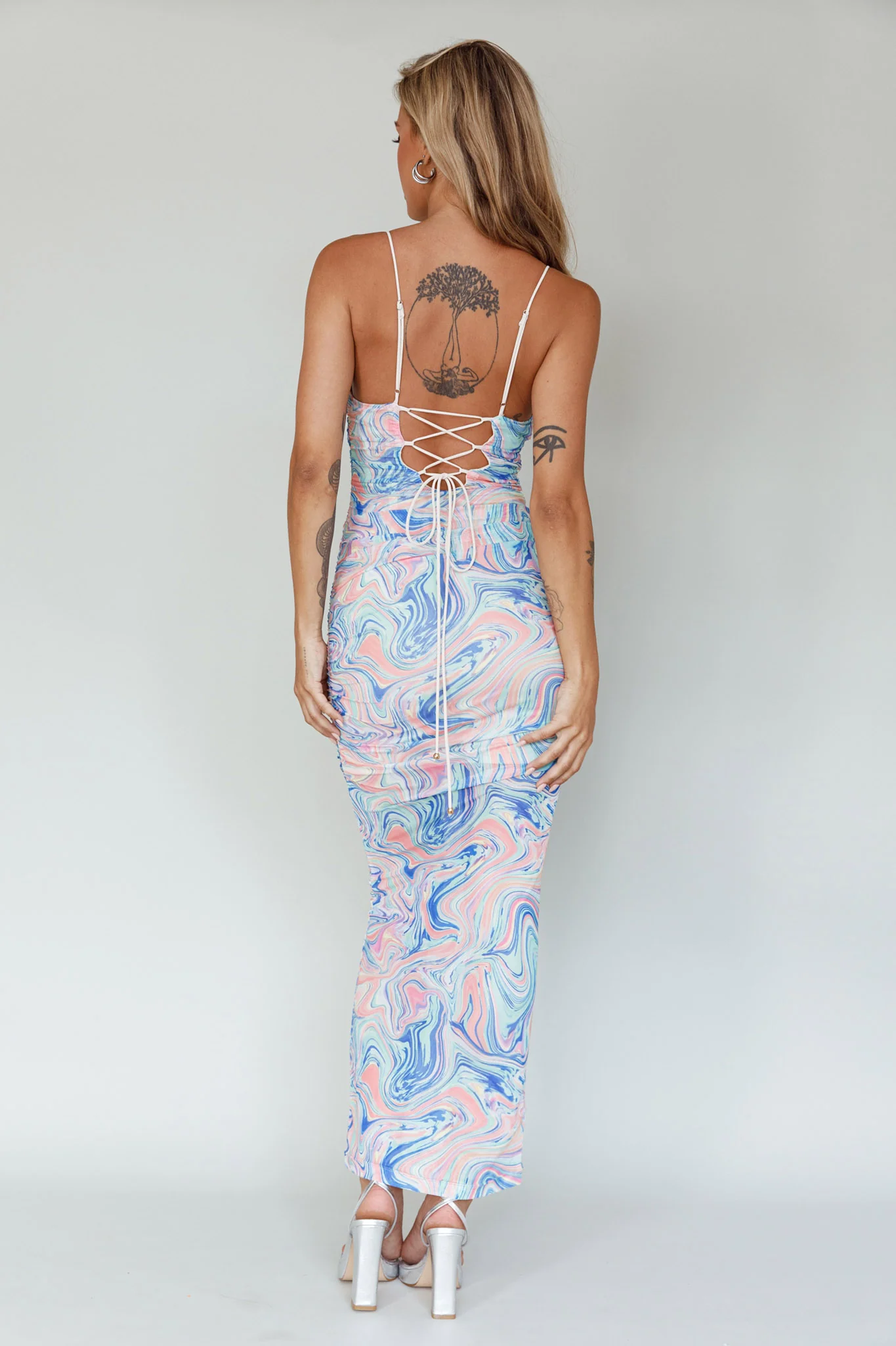 Love In Miami Lace-Up Back Midi Dress Swirl Blue - Seraphlike