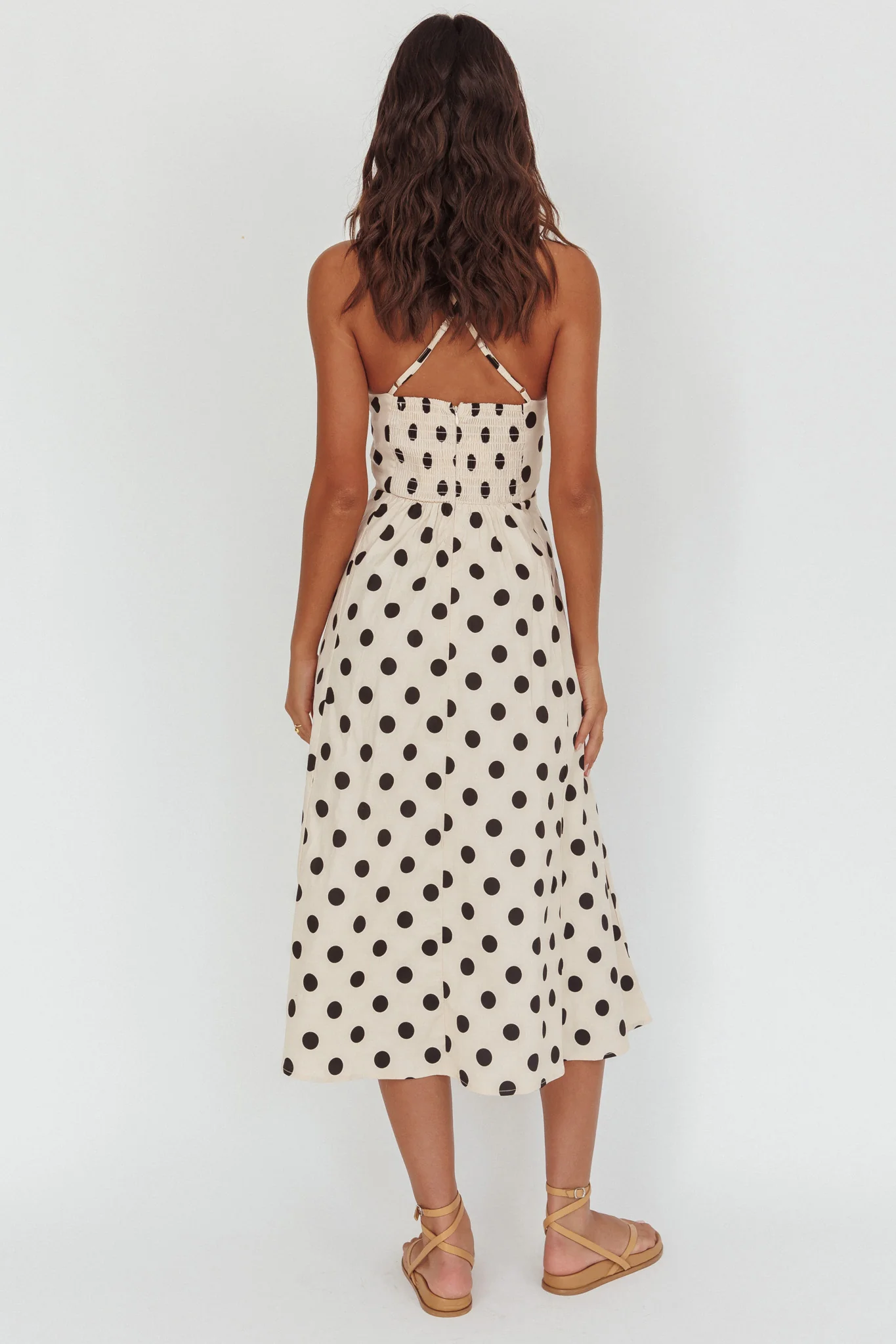 Second Glance Olga Criss-Cross Back Midi Dress Polka Dot Beige - Seraphlike