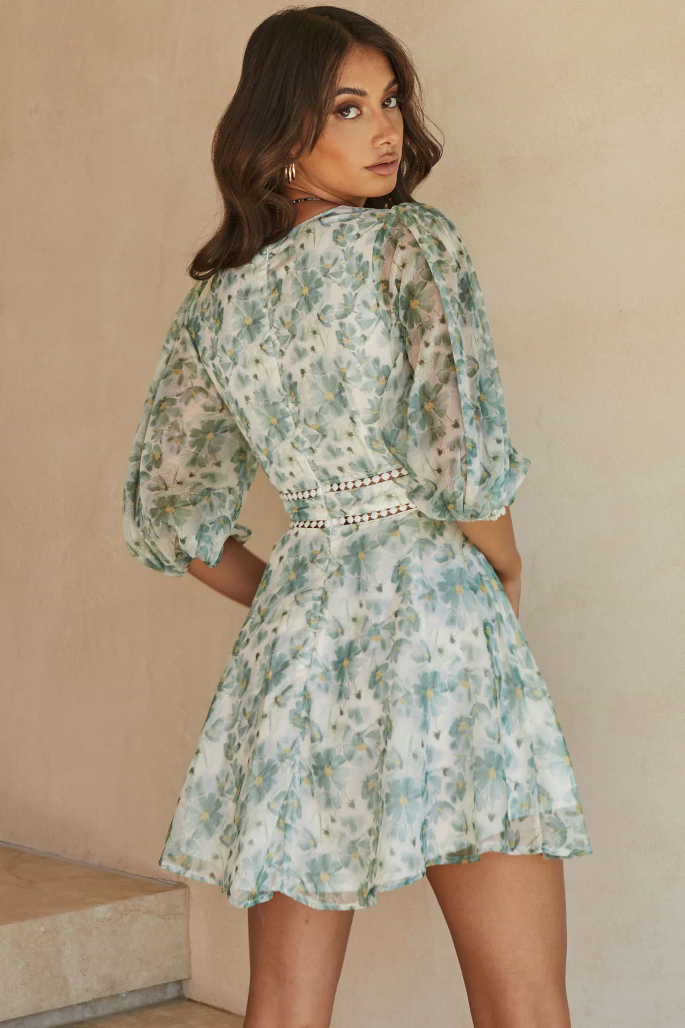 Carson Balloon Sleeve Crochet Trim Detail Dress Floral Print Green - Seraphlike