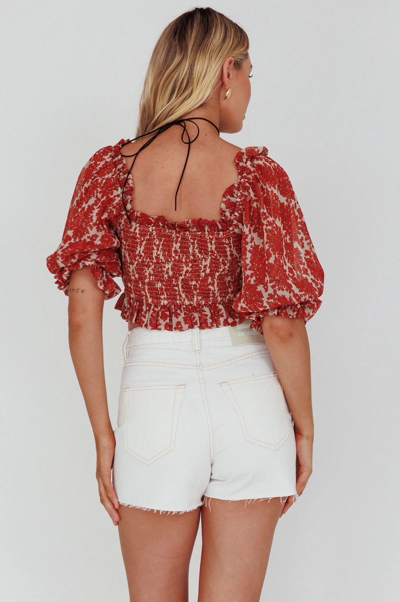 Meet Cute Shirred Bust Off-Shoulder Crop Top Floral Beige - Seraphlike