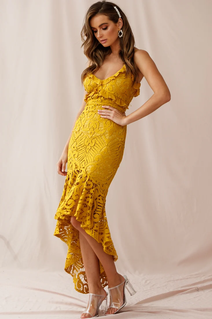 Shakeera High-Low Hem Lace Dress Mustard - Seraphlike