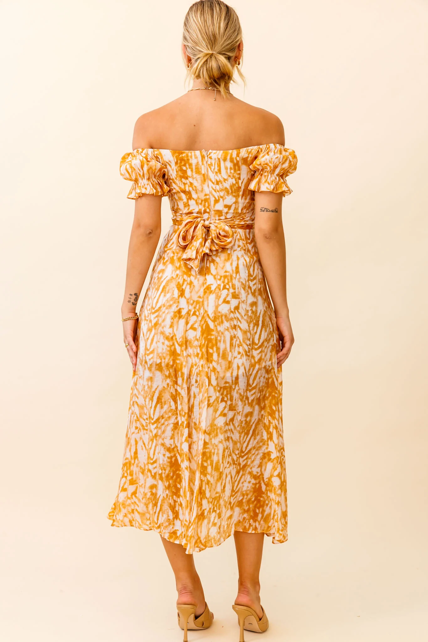 Linka Off-Shoulder Tie Back Midi Dress Printed Orange - Seraphlike