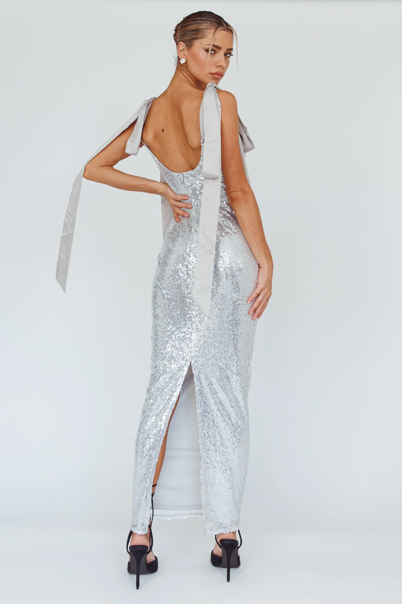 Birthday Wish Tied Shoulder Sequin Maxi Dress Silver - Seraphlike