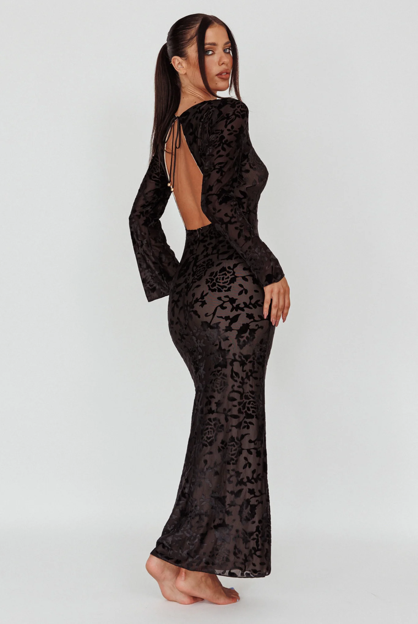 Novalie Long Sleeve Velvet Print Midi Dress Black - Seraphlike
