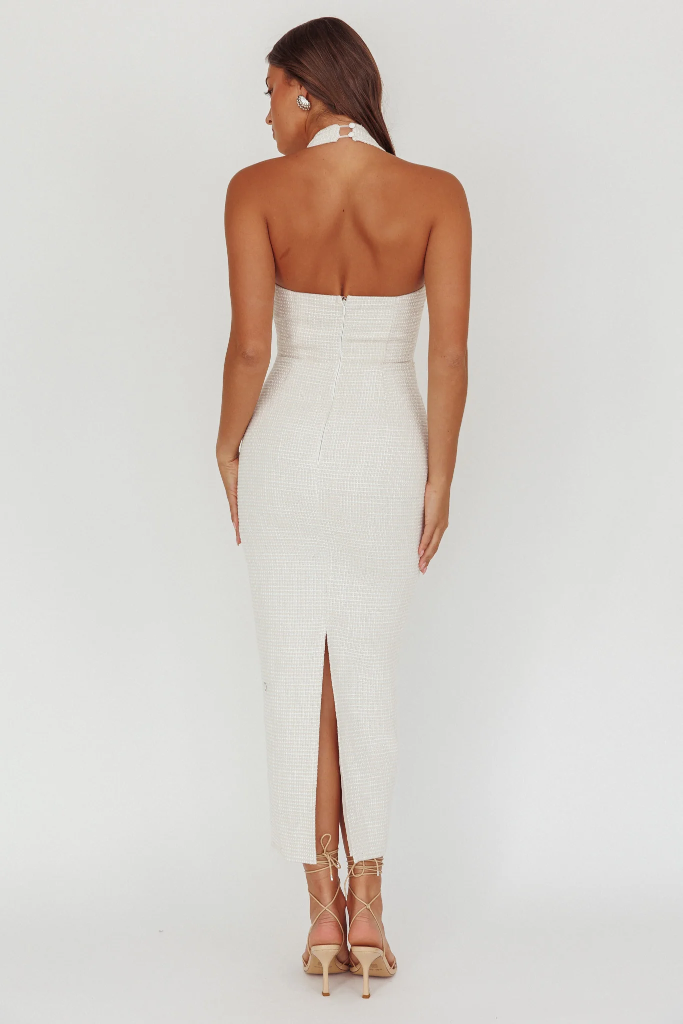 She Is Button Front Halter Midi Dress Tweed White - Seraphlike