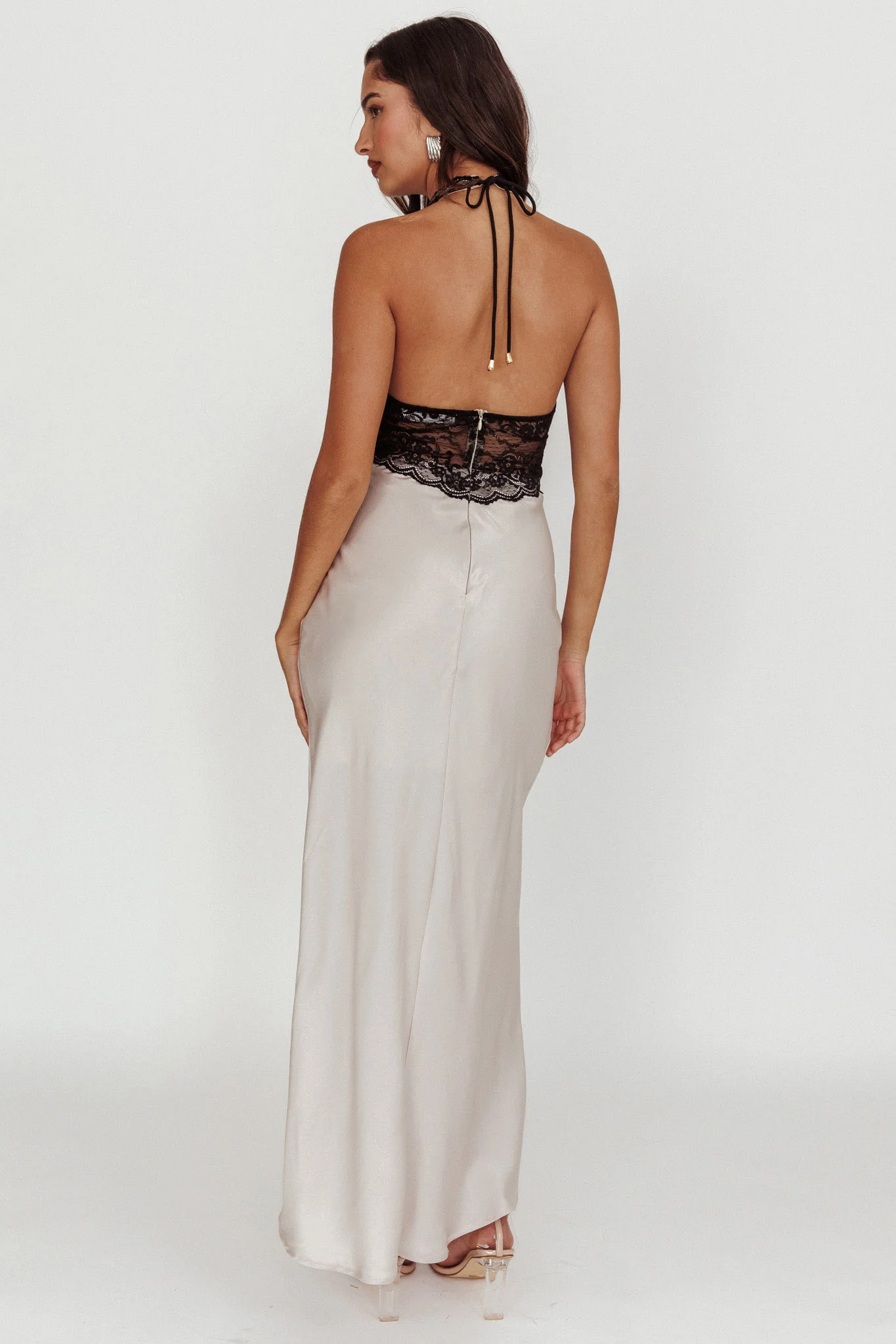 Rarity Satin Lace Halterneck Maxi Dress Champagne - Seraphlike