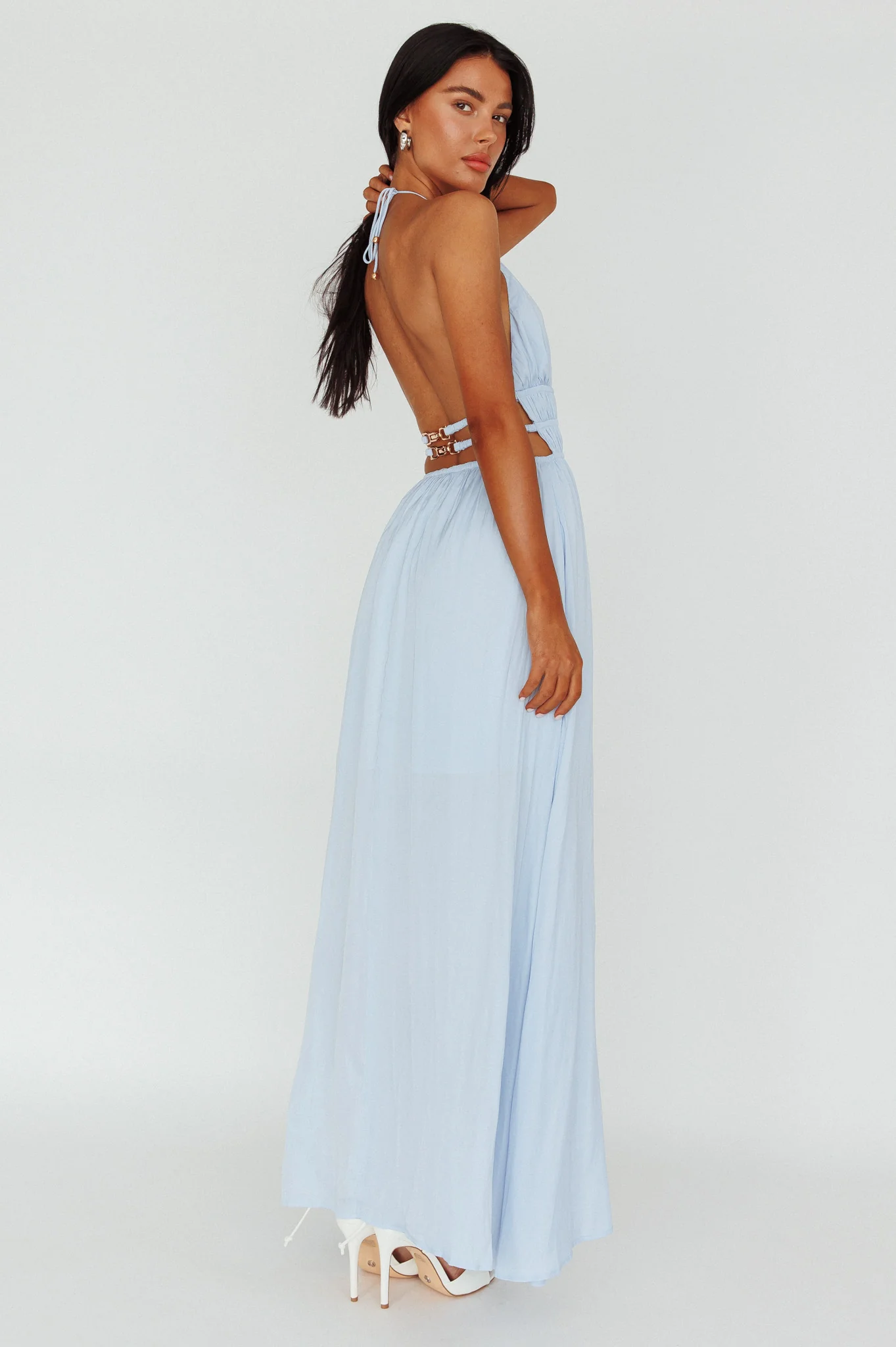 Cyndi Open Back Halterneck Maxi Dress Blue - Seraphlike