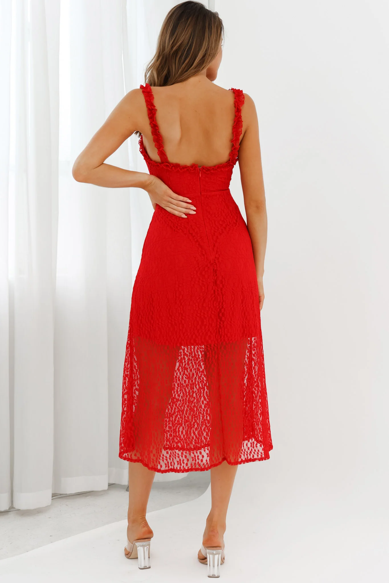 Isadora Mesh Overlay Frill Trim Neckline Midi Dress Red - Seraphlike