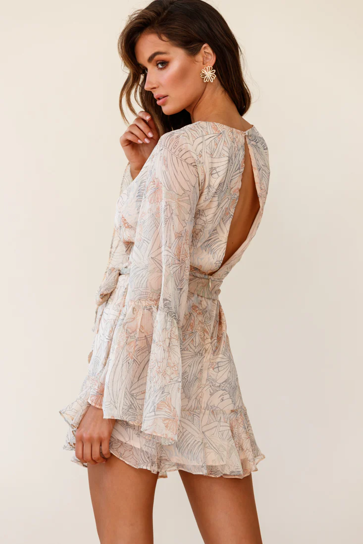 Dayton Bell Sleeve Waist Tie Dress Leaf Print Nude - Seraphlike