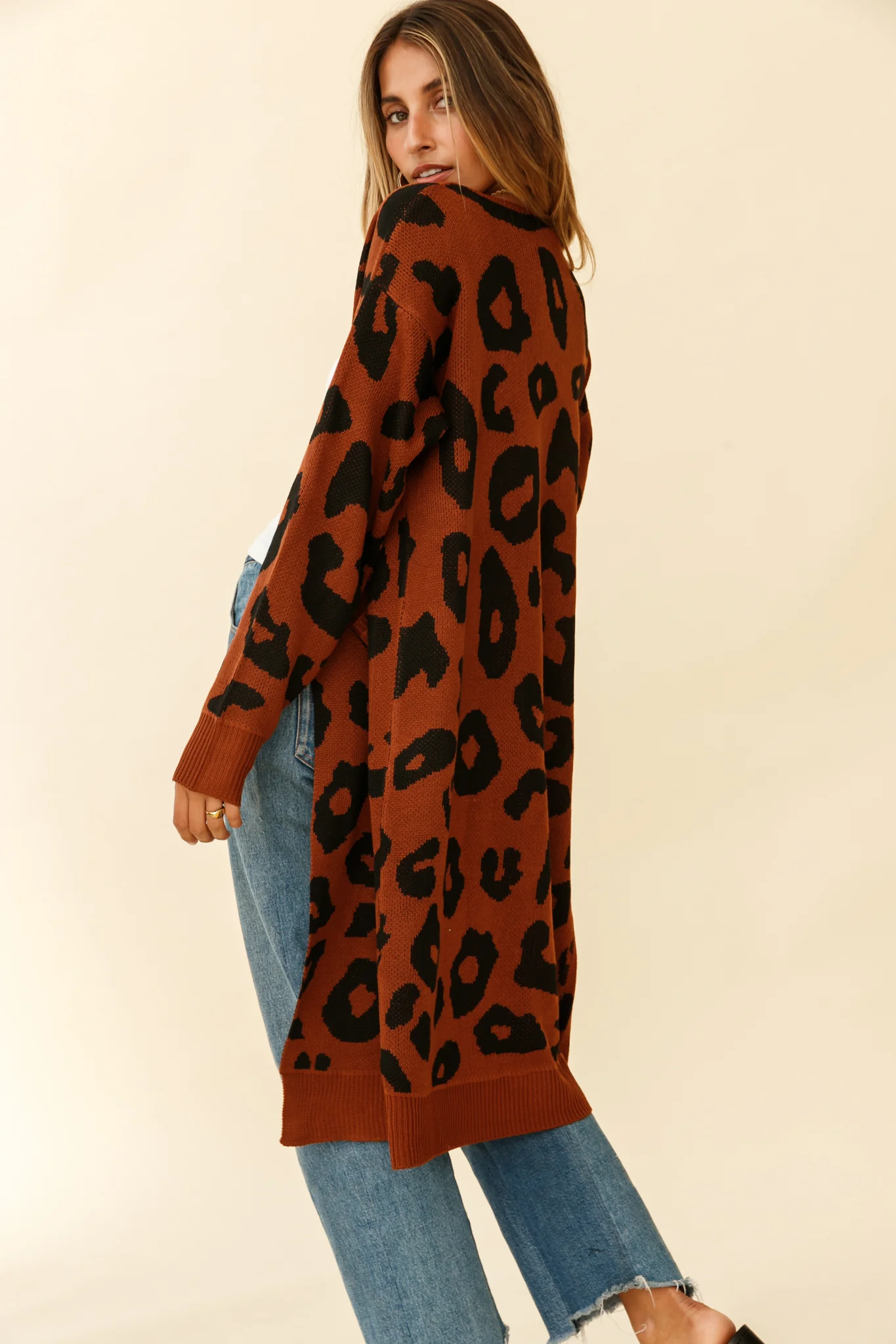 Switch It Up Longline Pocket Knit Cardigan Animal Print Brown - Seraphlike