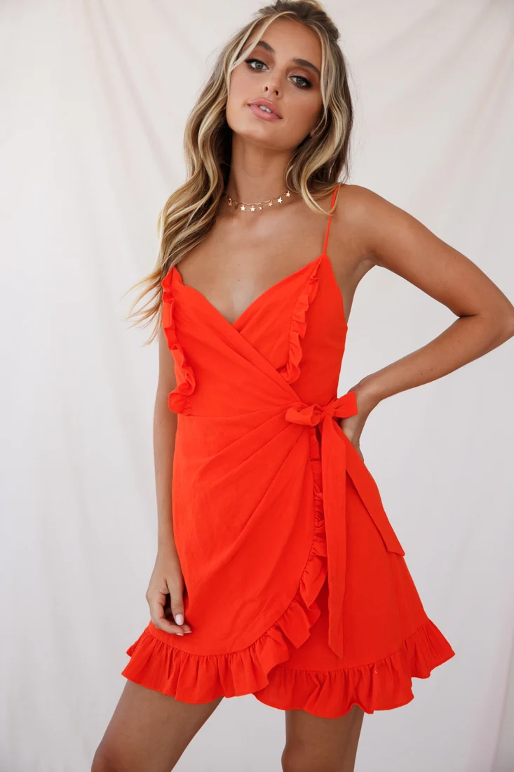 Oui Oui Wrap Ruffle Dress Tangerine - Seraphlike