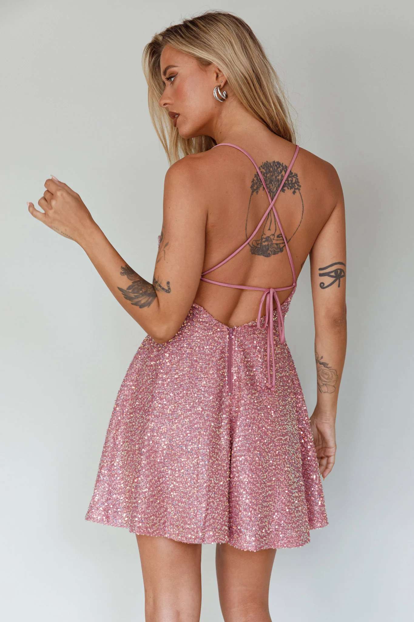 Into The Night Tied Back Sequin Dress Mauve - Seraphlike