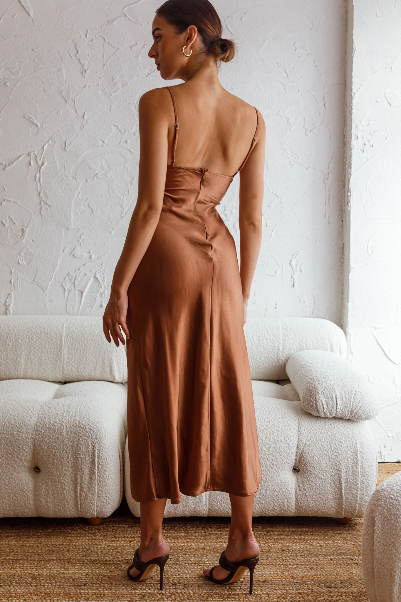Invite Only Twisted Bust Satin Midi Dress Chocolate - Seraphlike