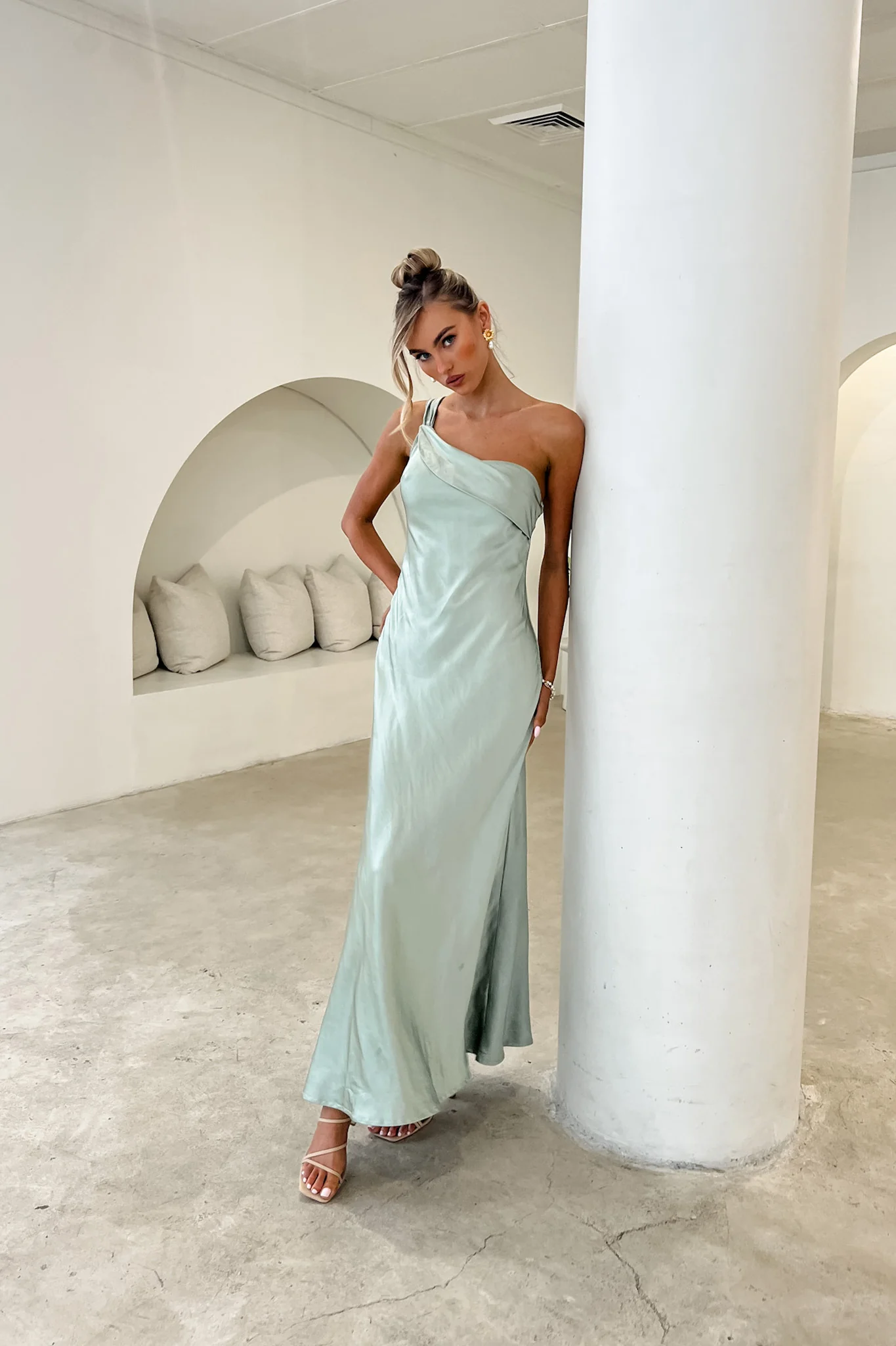 Carmel One-Shoulder Sash Maxi Dress Sage - Seraphlike