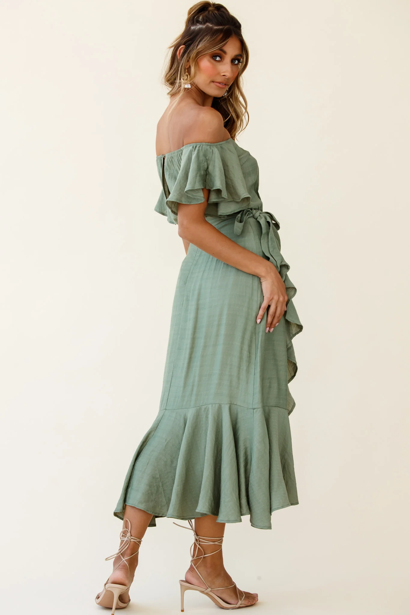 Bettina Bardot Neckline Faux-Wrap Midi Dress Olive - Seraphlike