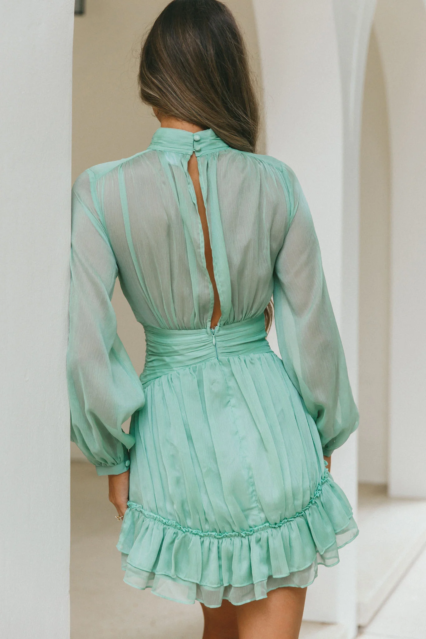 Mandalay High Neck Long Sleeve Waistband Dress Sage - Seraphlike