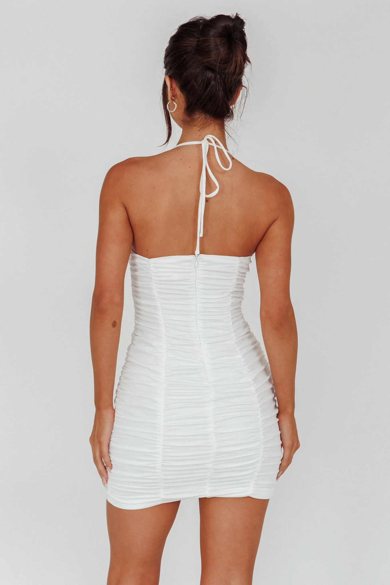 Harli Ruched Drawstring Keyhole Mini Dress White - Seraphlike