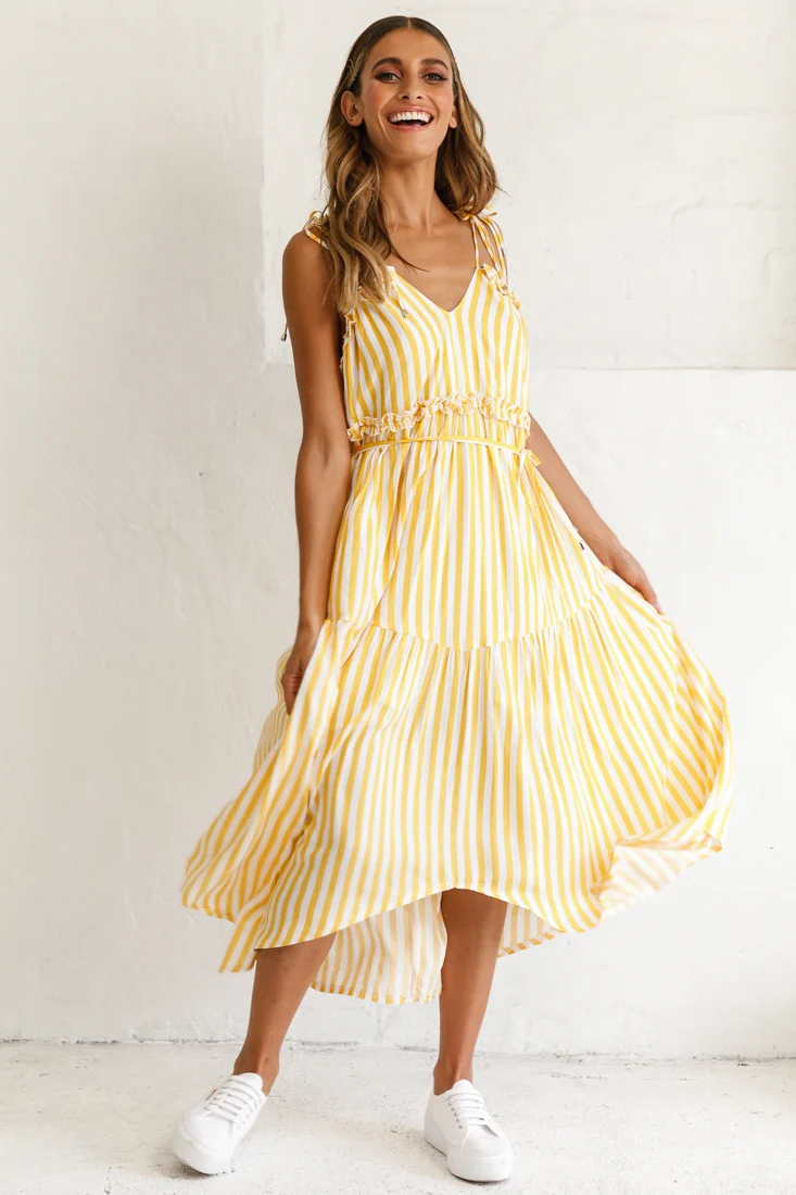 Santa Monica String Tie Maxi Dress Stripe Print Mustard - Seraphlike