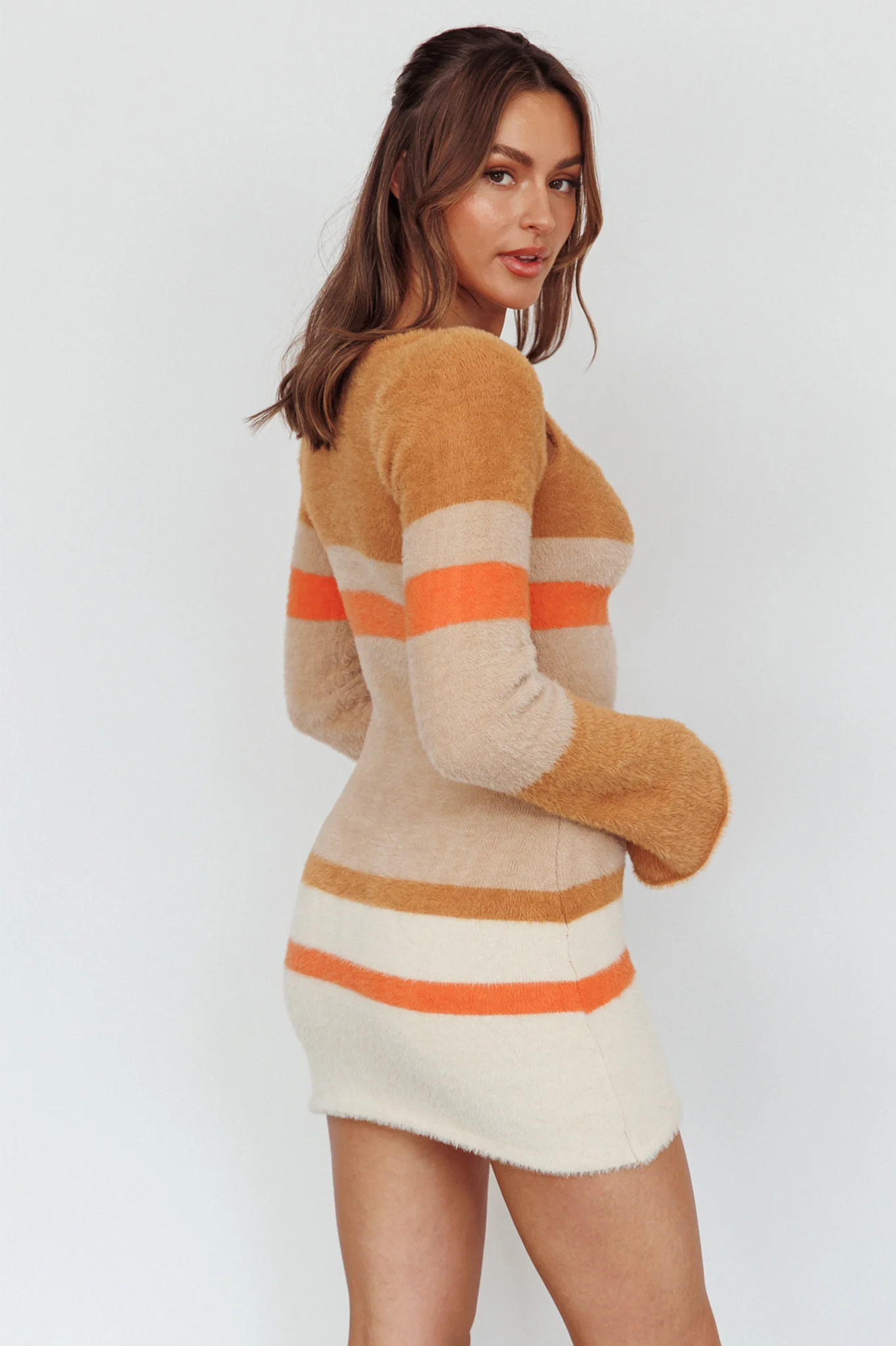 Count On It Fuzzy Knit Mini Dress Brown Multi - Seraphlike