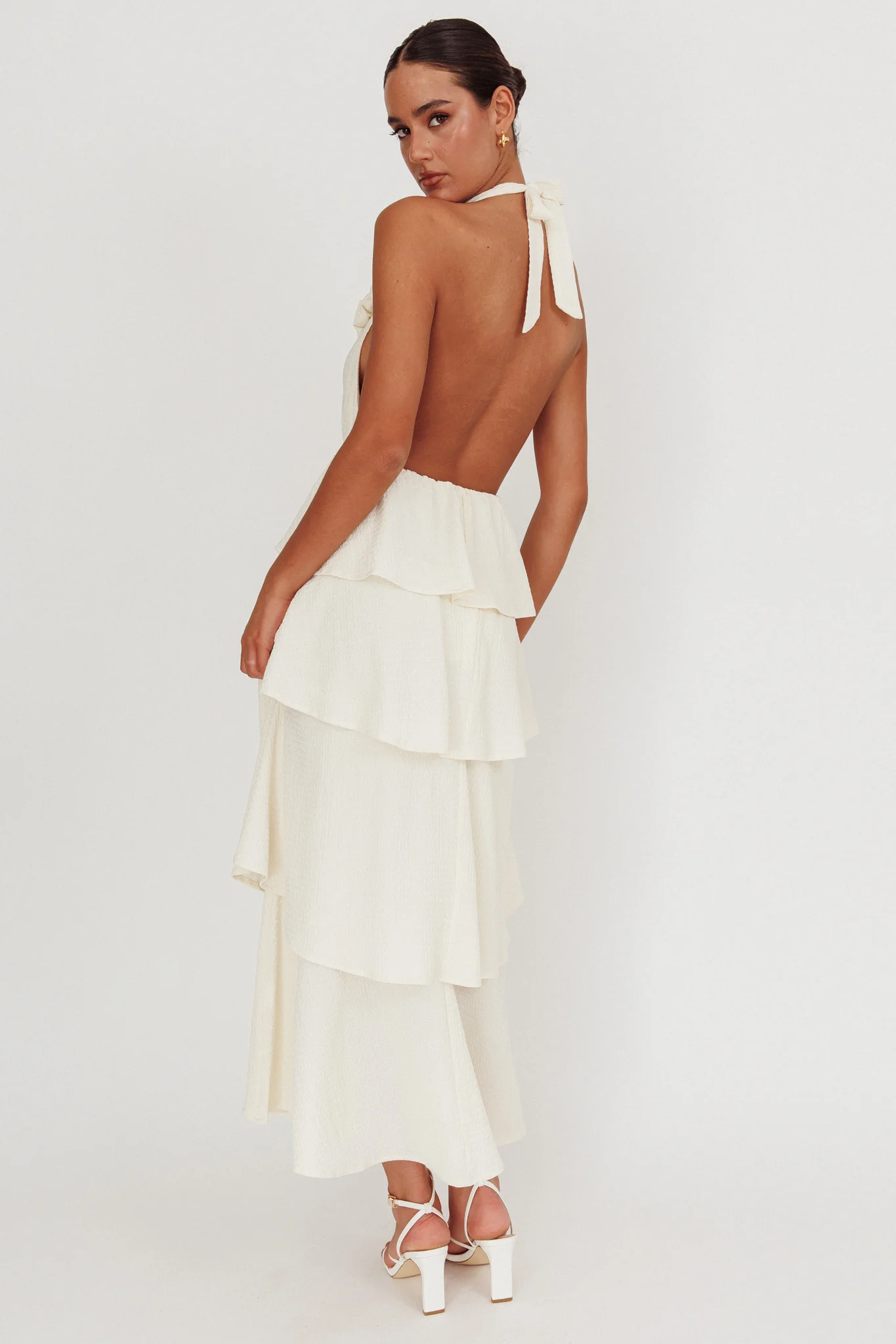 Kimberley Halter Neck Ruffle Maxi Dress Beige - Seraphlike