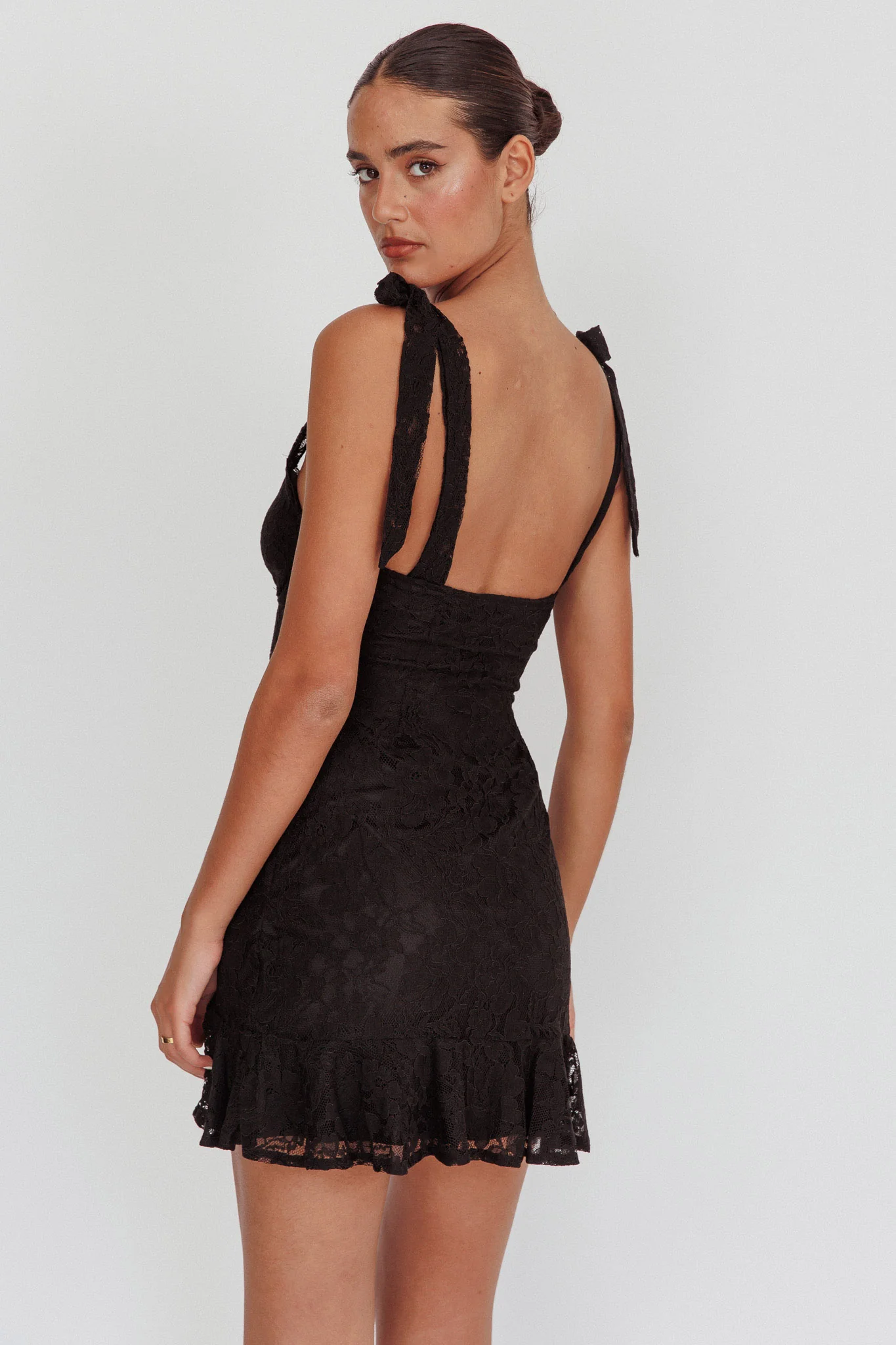 Emine Bow Shoulder Lace Mini Dress Black - Seraphlike