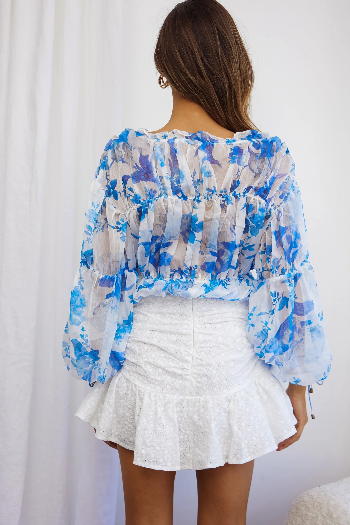 Beau Balloon Sleeve Drawstring Top Floral Print White/Blue - Seraphlike