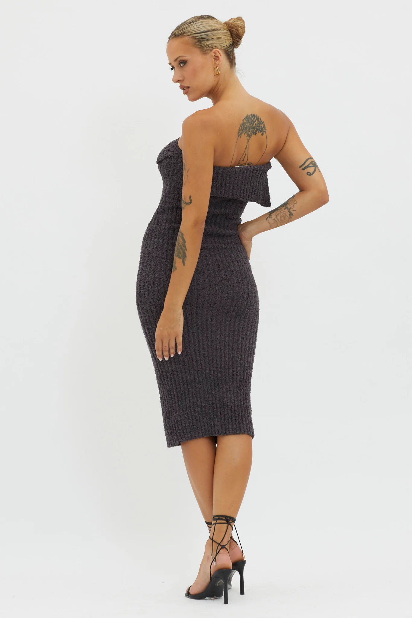 Lupita Foldover Ribbed Knit Midi Dress Charcoal - Seraphlike