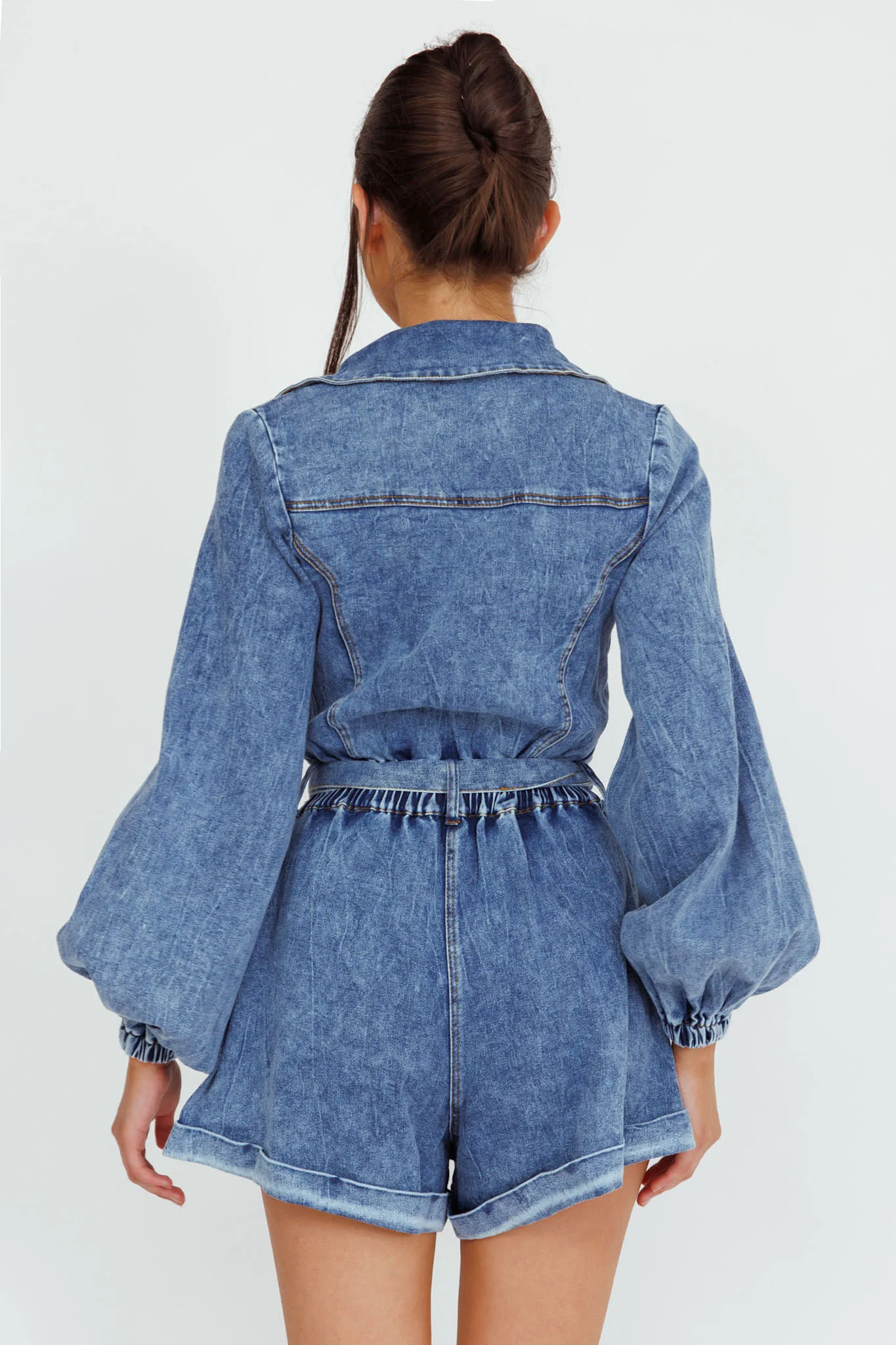 New Day Long Sleeve Button-Up Romper Denim - Seraphlike