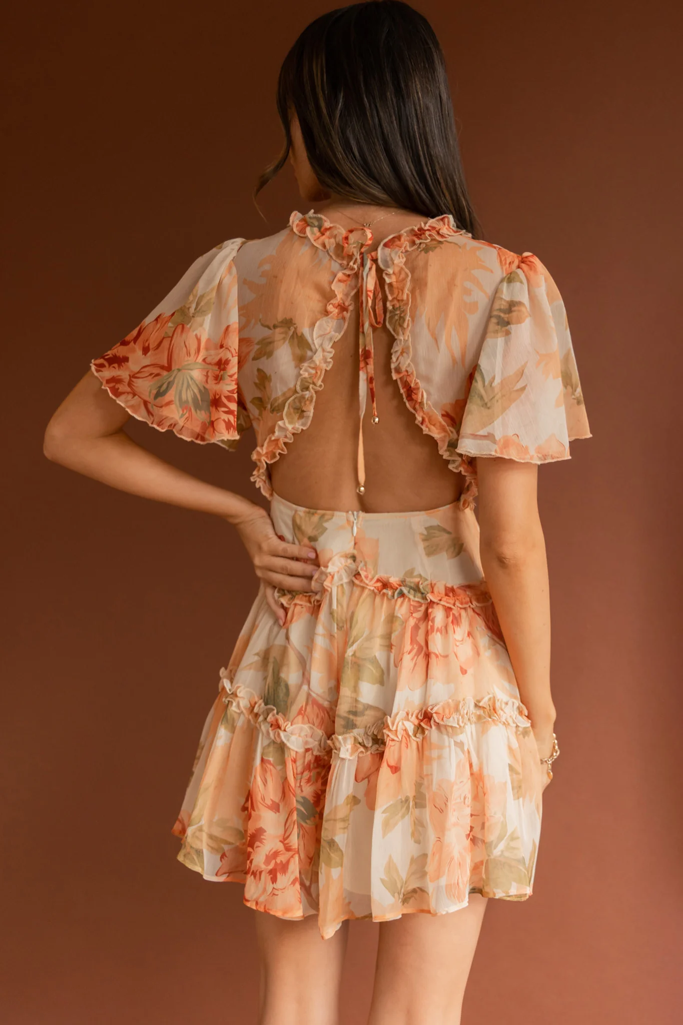 Tres Chic Flutter Sleeve Cut-Out Dress Botanical Tangerine - Seraphlike