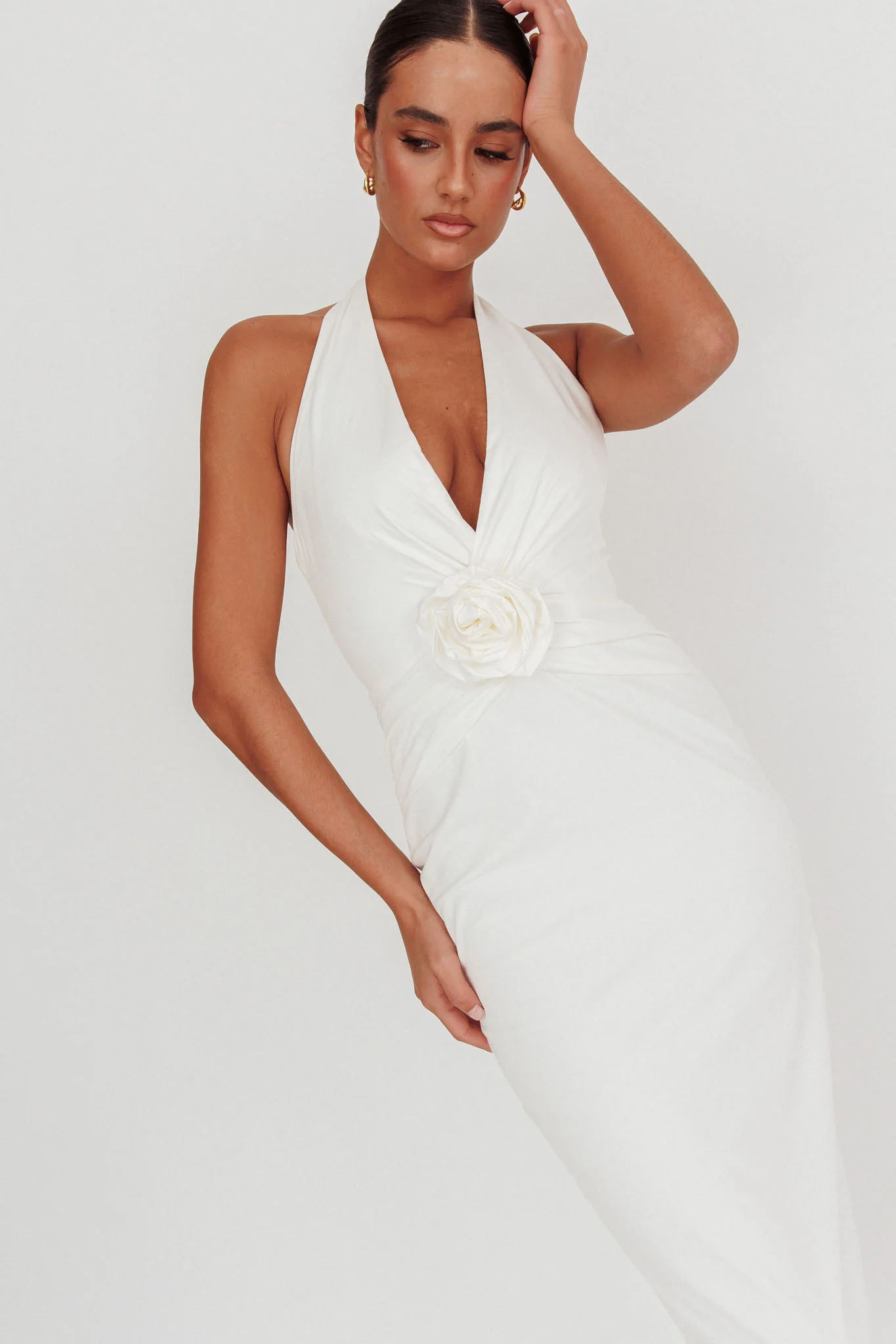 Sinners Rosette Halter Neck Maxi Dress White - Seraphlike