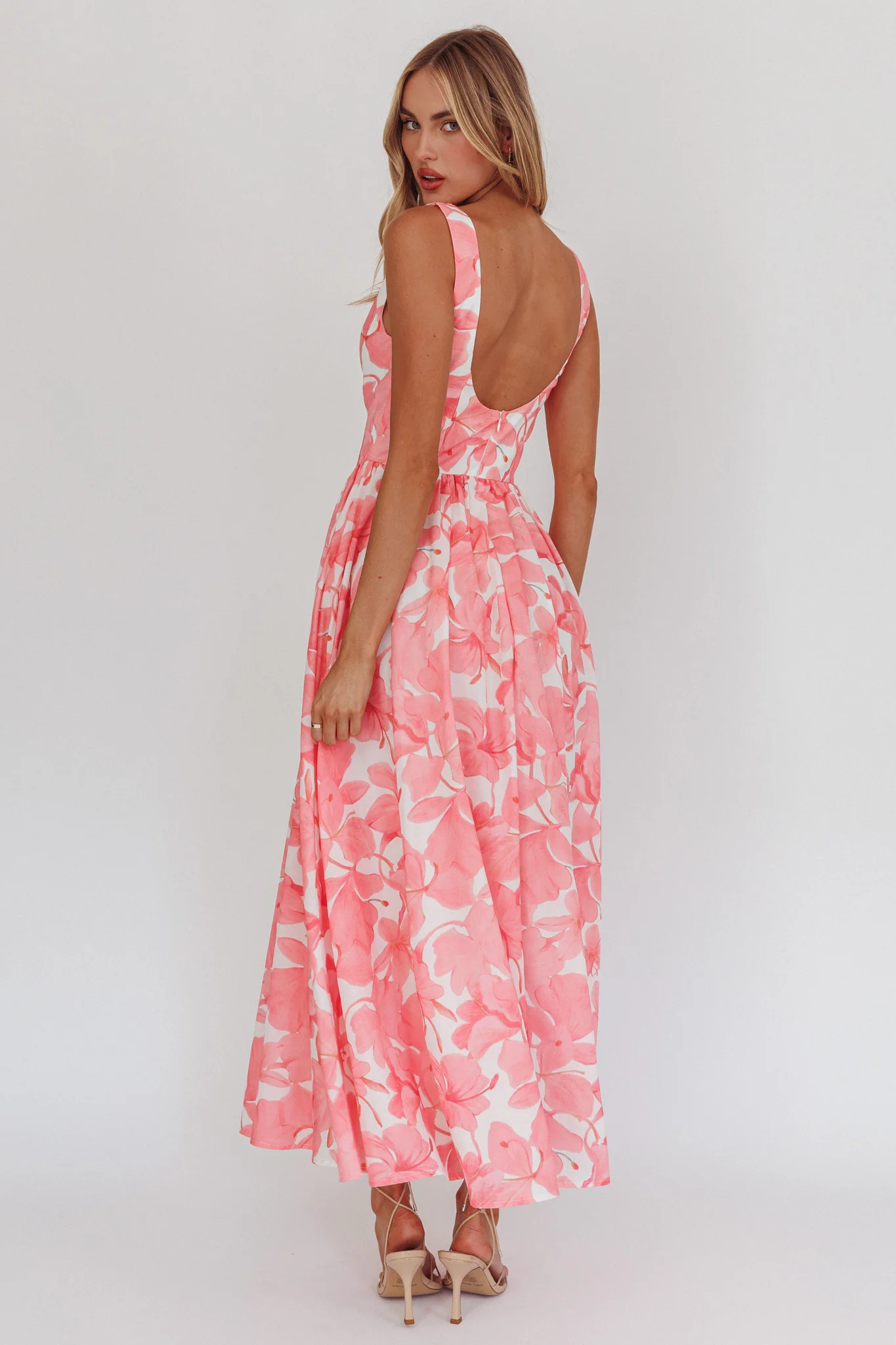Opulent Low Back Maxi Dress Floral Pink - Seraphlike
