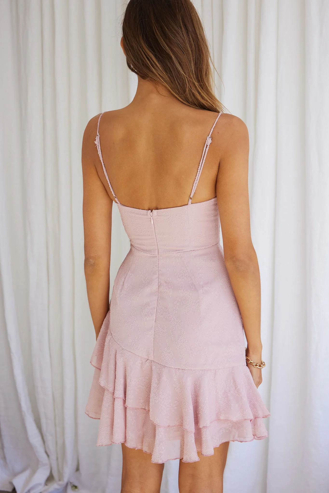 High Society Ruched Drawstring Ruffle Hem Textured Mini Dress Blush - Seraphlike