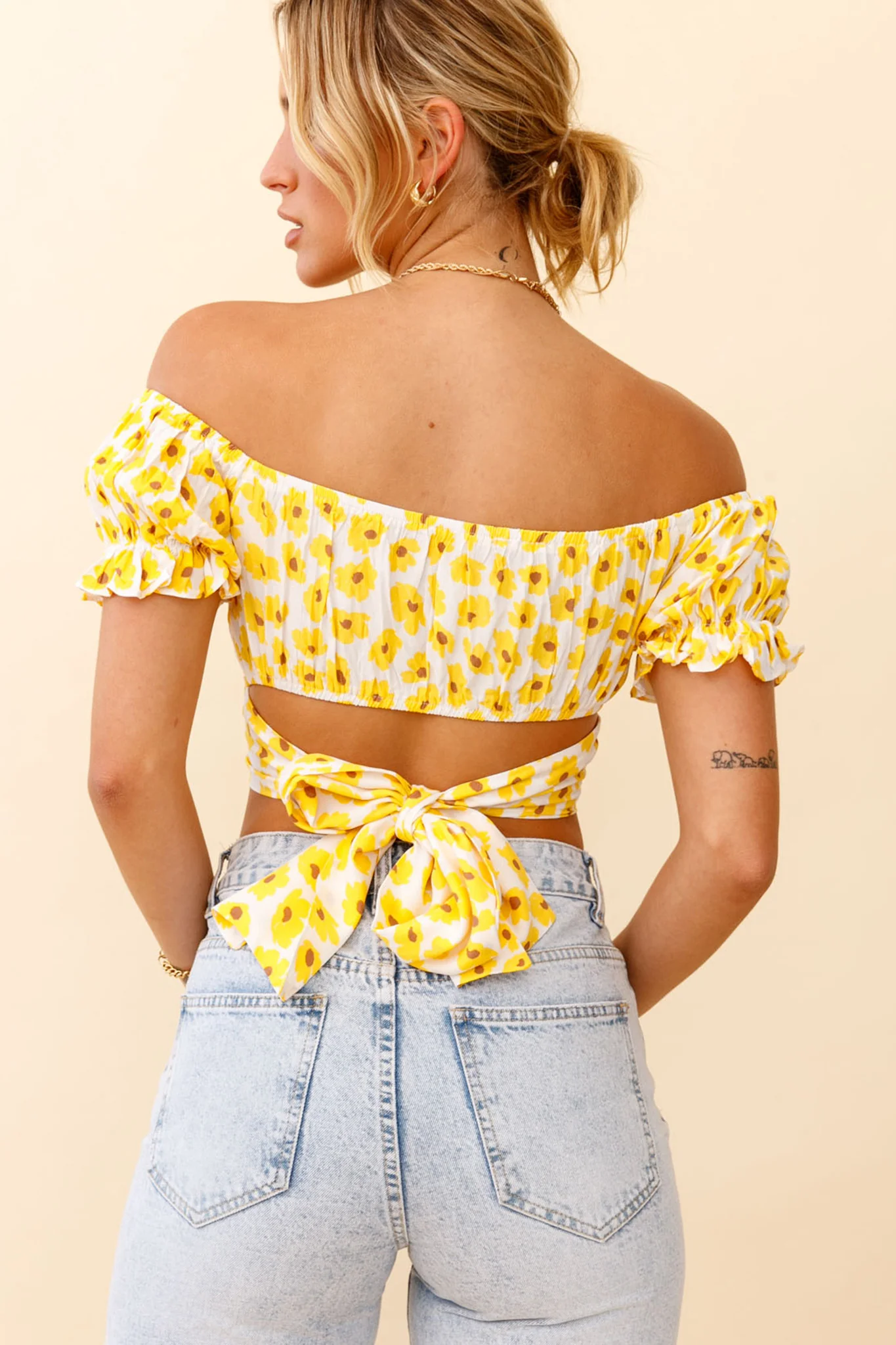 Linka Off-Shoulder Tie-Back Crop Top Flower Print Yellow - Seraphlike