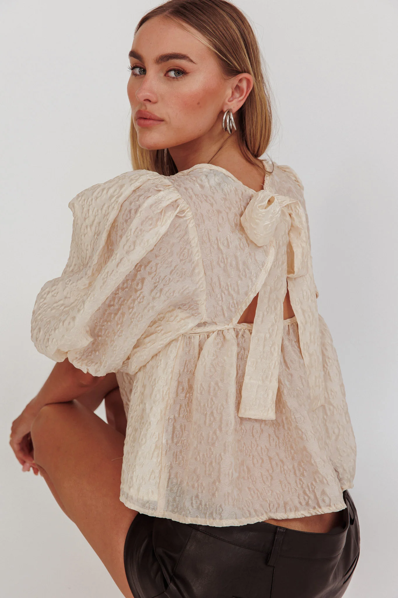 Beside You Puff Sleeves Tied Back Top Cream - Seraphlike