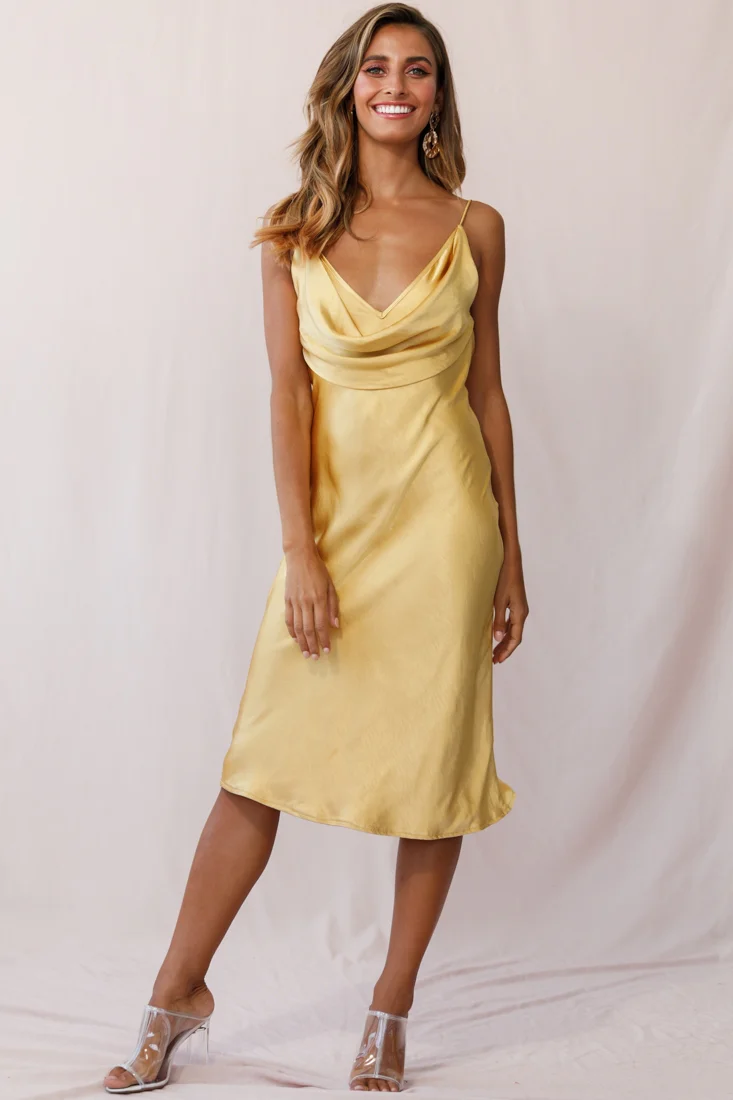 Double Take Draped Bust Midi Dress Mustard - Seraphlike