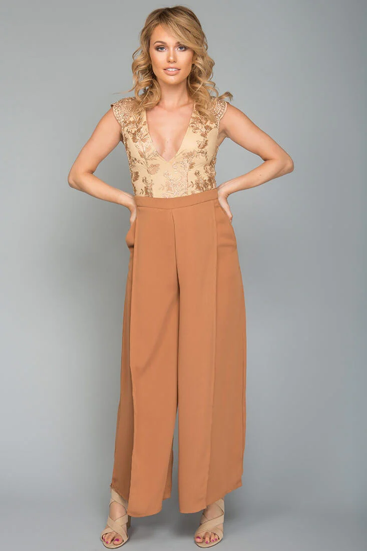 Ayelle Wide Leg Dress Pant Camel - Seraphlike