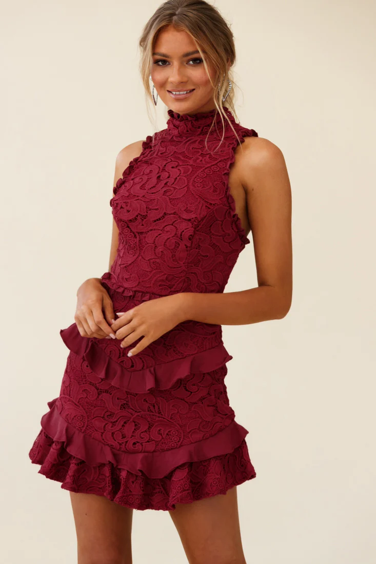 Osiris Sleeveless High Neck Lace Dress Wine - Seraphlike