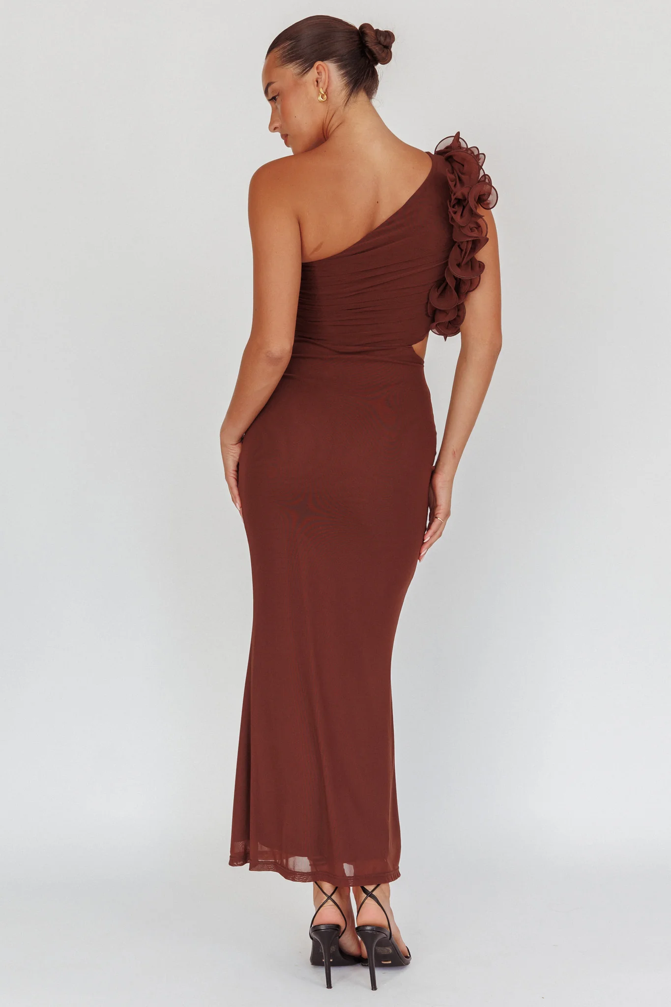 Deanna One-Shoulder Ruffle Maxi Dress Brown - Seraphlike