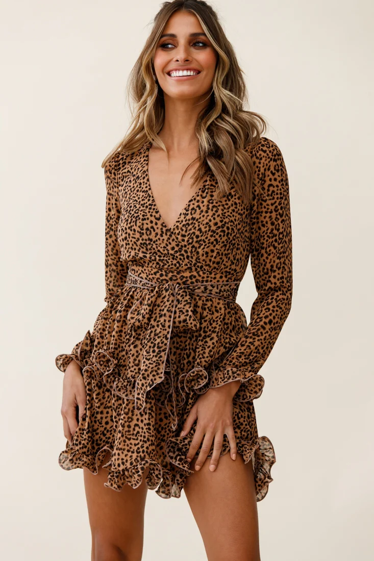Greta Tiered Ruffle Chiffon Dress Animal Print Brown - Seraphlike