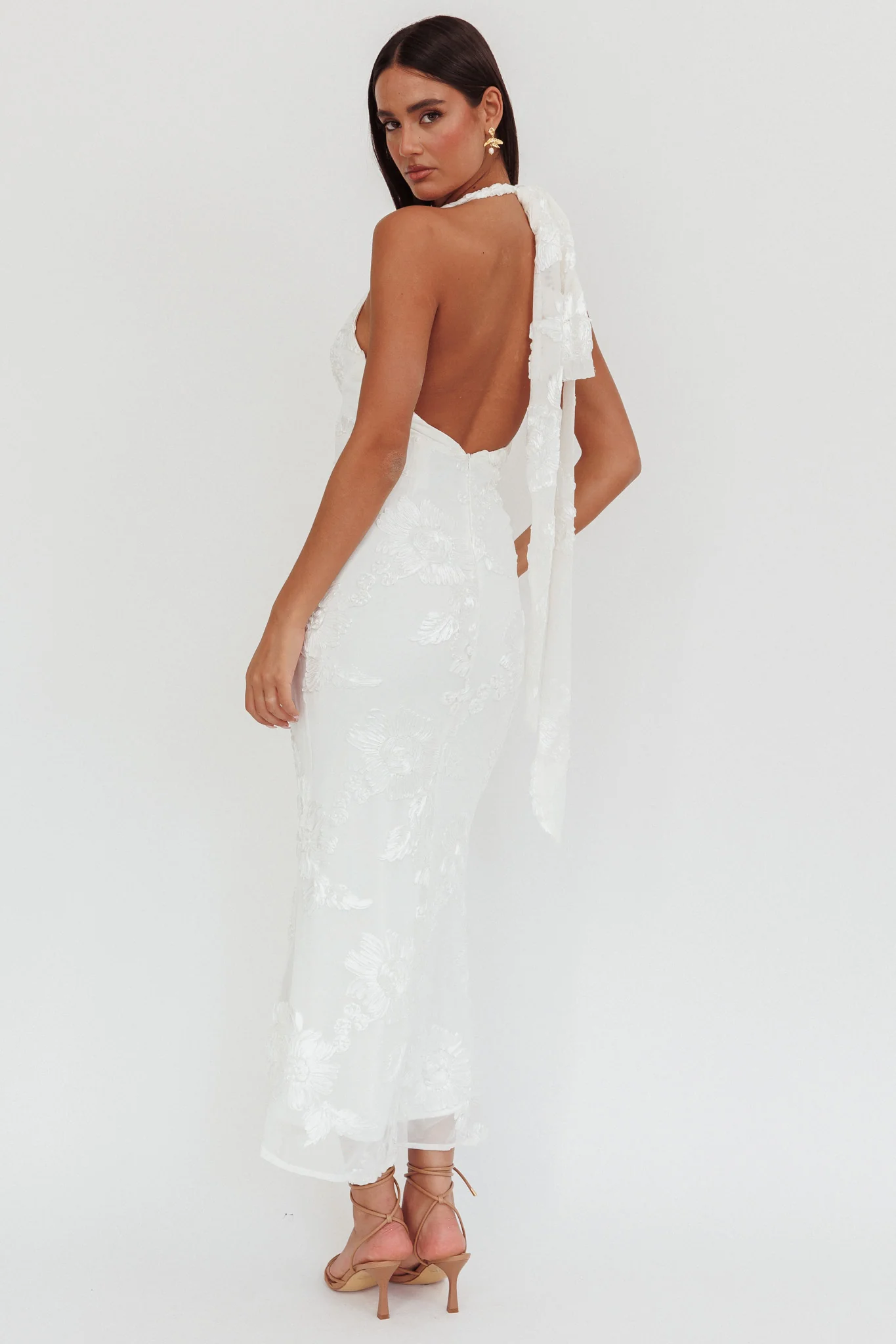 Cipriana Backless Halter Maxi Dress Embellished White - Seraphlike