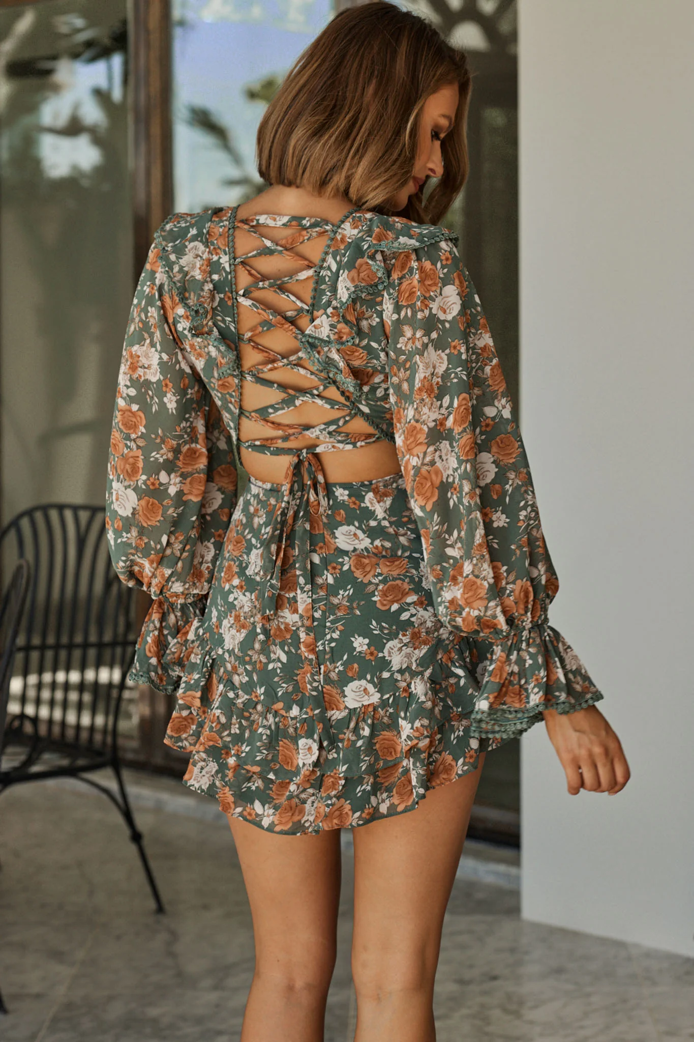 Charade Long Sleeve Corset Back Dress Floral Print Mint - Seraphlike