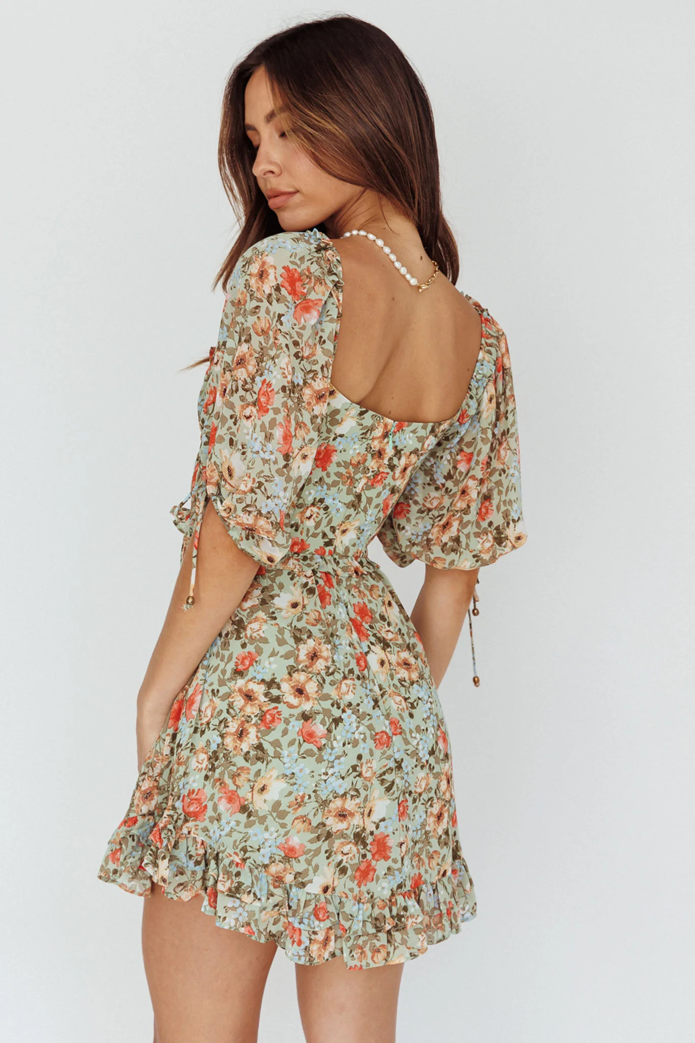 Kirra Puff Sleeve Ruched Bodice Dress Floral Green - Seraphlike