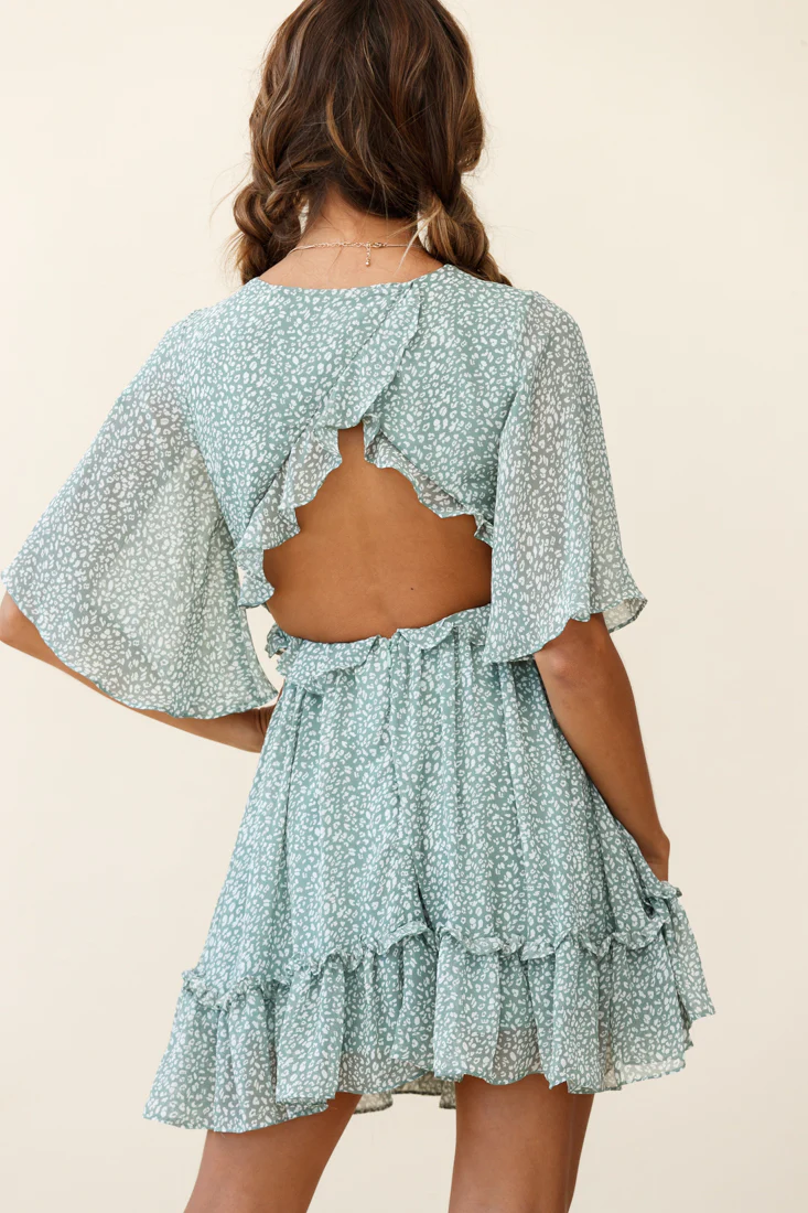 Flissy Angel Sleeve Cut-Out Babydoll Dress Speckle Print Olive - Seraphlike