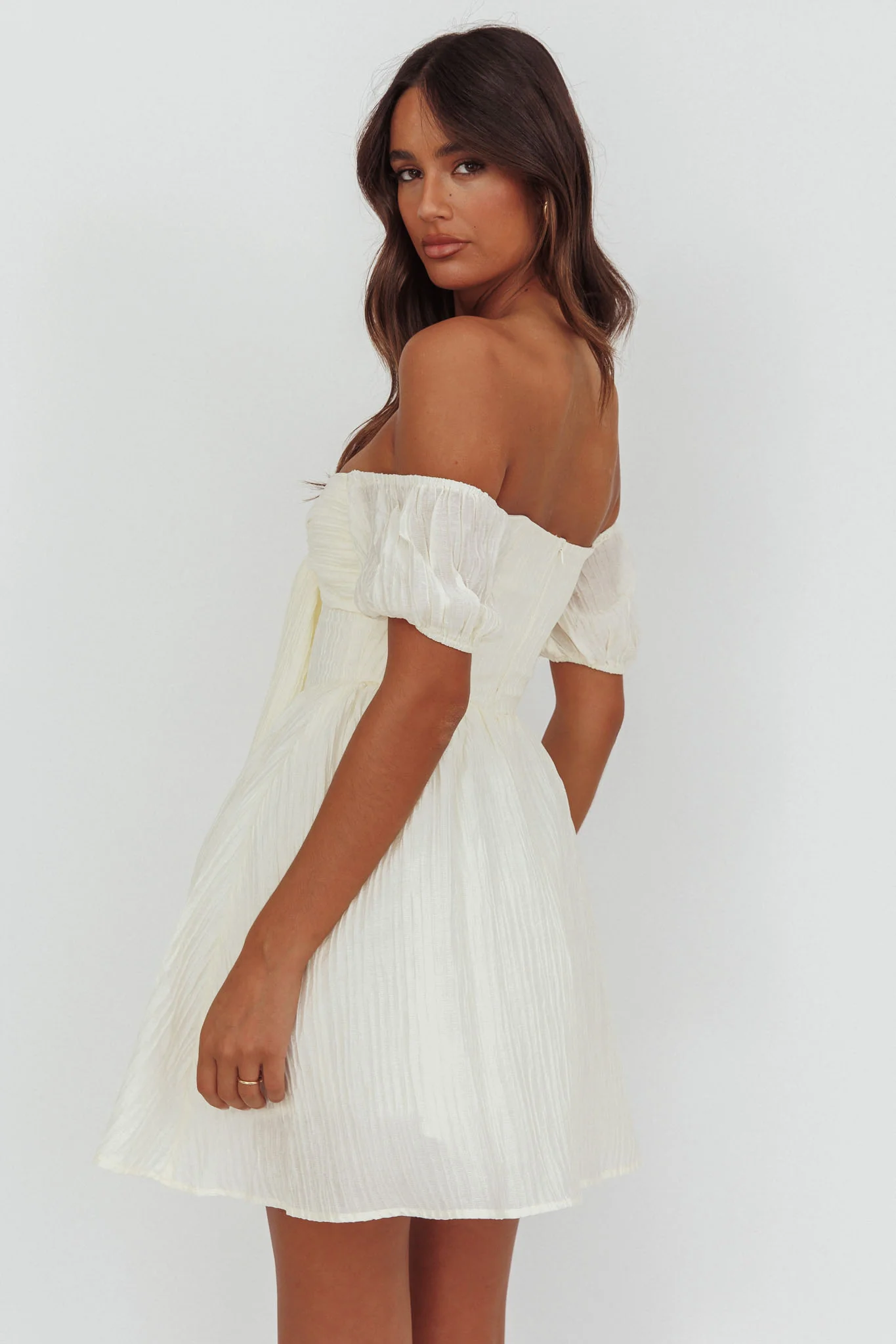 Perfect Worlds Off-Shoulder Mini Dress Textured Ivory - Seraphlike