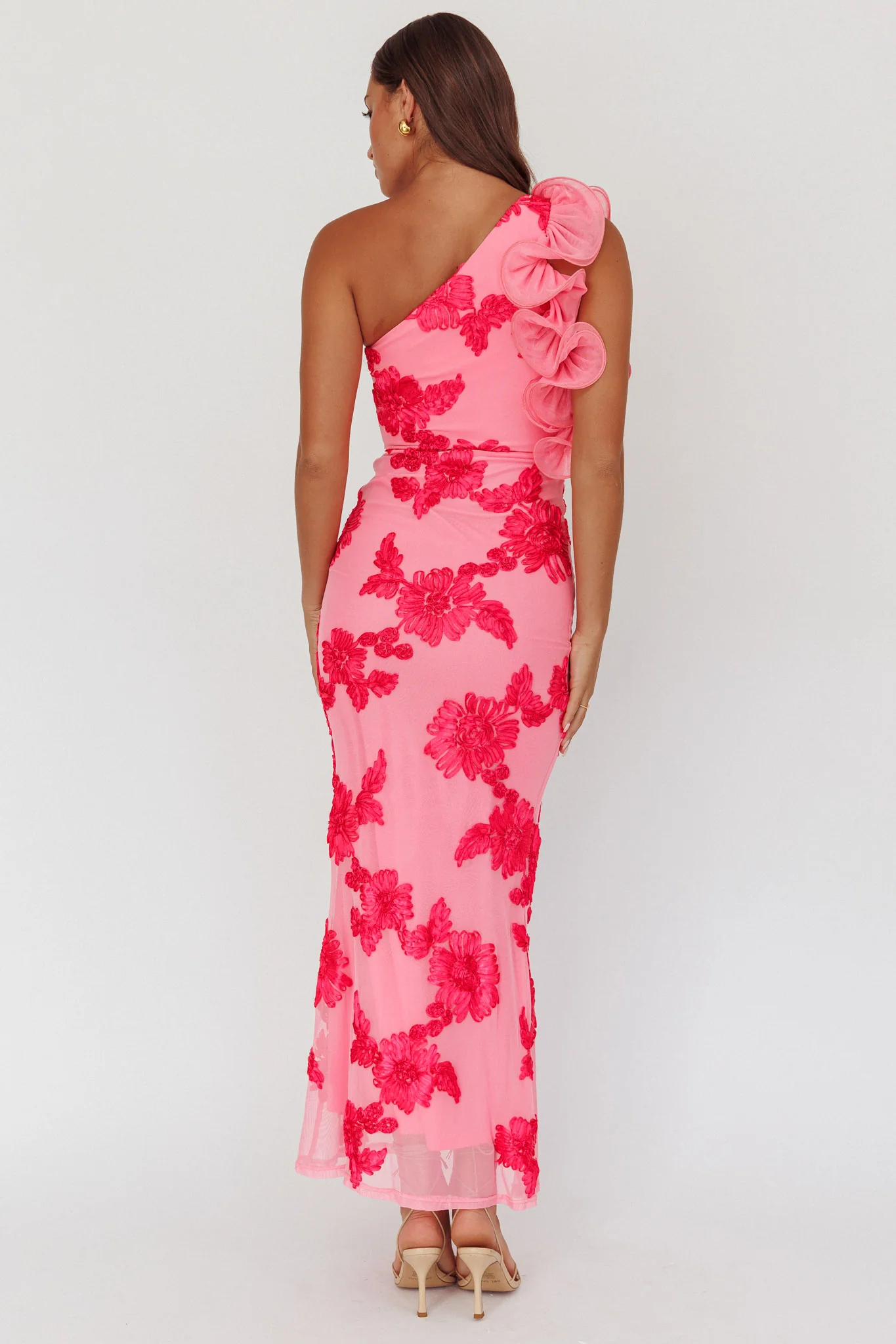 Deanna One-Shoulder Ruffle Maxi Dress Floral Pink - Seraphlike