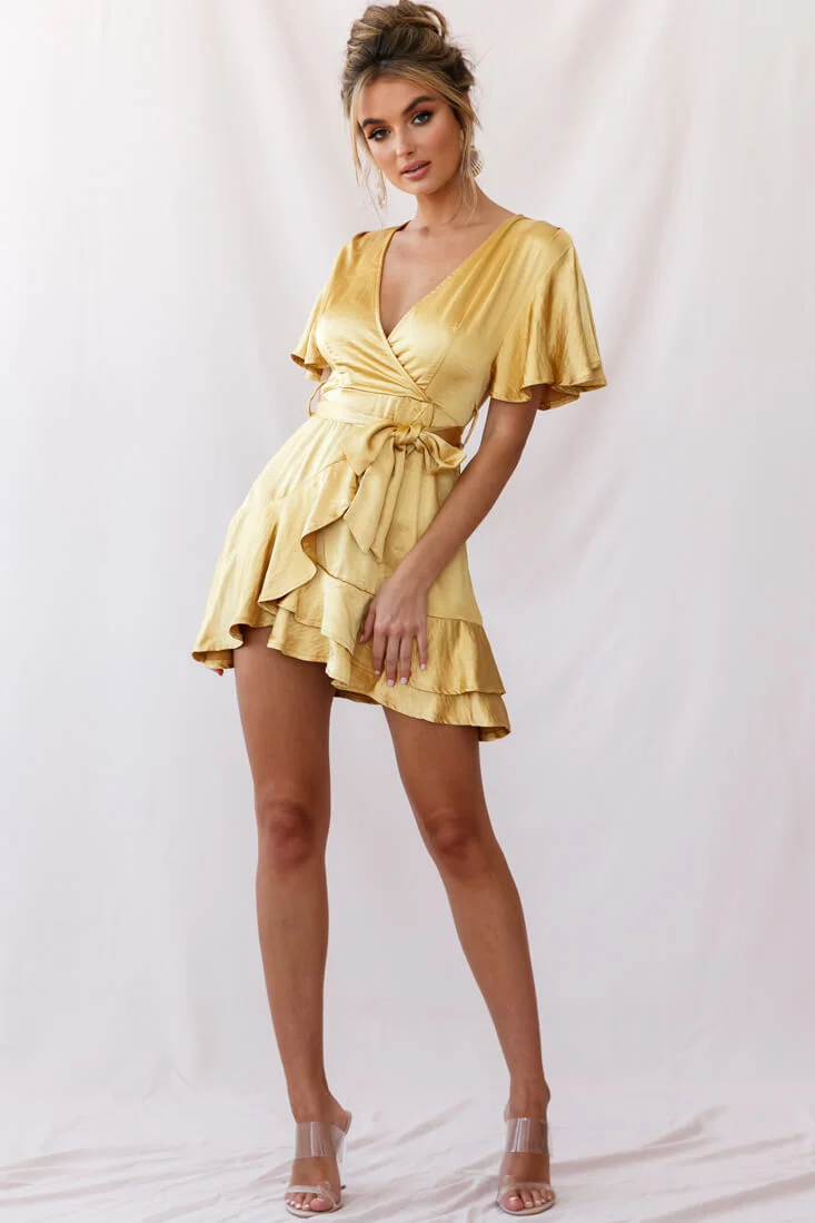 Cami Angel Sleeve Faux Wrap Dress Mustard - Seraphlike
